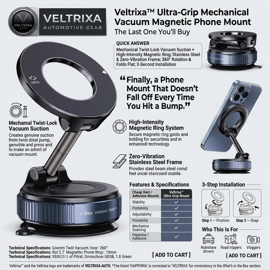 Veltrixa™ Ultra-Grip Mechanical Vacum Magnetic Phone Mount – 360° Rotation, Zero-Vibration | Universal Fit